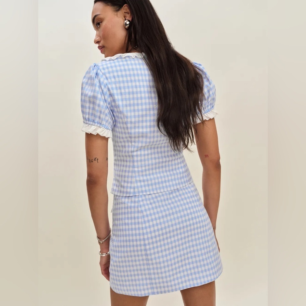 NEW Reformation Janell Two Piece Set Crystal Check Light Blue White | US 2 UK 6 - Picture 3 of 12